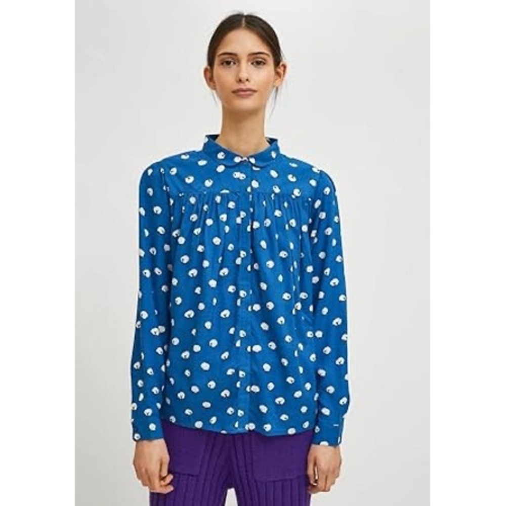 Compañia Fantastica Blue Sheep Print Button Front Blouse Long Sleeve Small‎